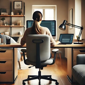 Oficina en casa con dise&ntilde;o moderno, mujer teletrabajando, rodeada de plantas y luz natural