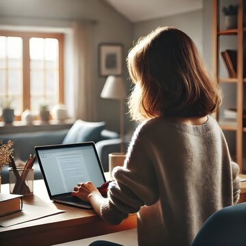 Mujer trabajando en casa con laptop, espacio iluminado y acogedor, ambiente tranquilo y productivo