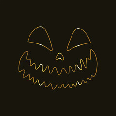Jack O Lantern Face. Gold line. Halloween Pumpkin. Scary funny Monster Faces. Ghost. Spooky glowing face. Halloween day. Gold eyes and mouth. Isolated on a black background.  carved pumpkin heads.
