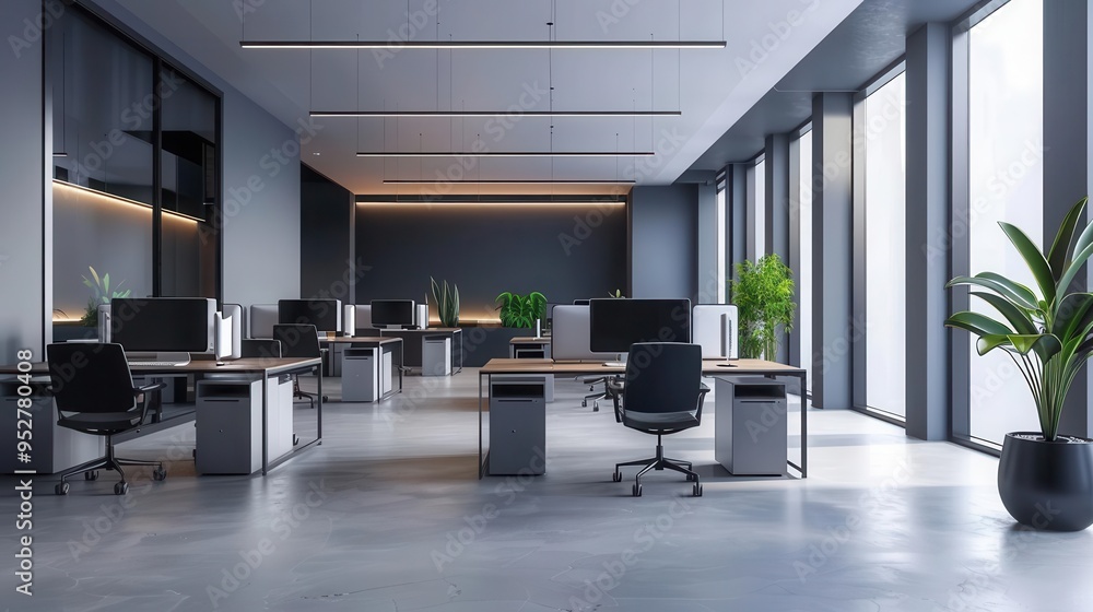 Poster sleek modern office interior with desks and computers 3d rendering