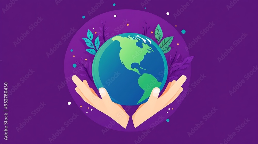 Poster global unity concept: two hands holding earth in flat design with simplistic vector illustration on 