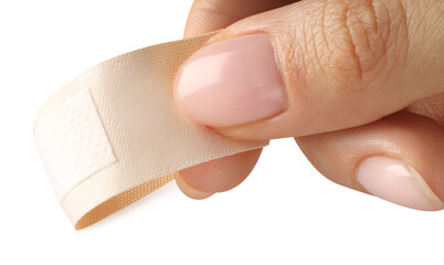 Woman putting medical adhesive bandage on white background, closeup