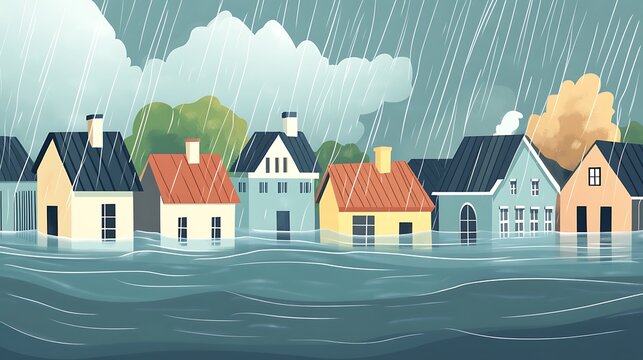 Suburban Houses Flooded Under Rainy Sky - Climate Change Concept Cartoon Illustration