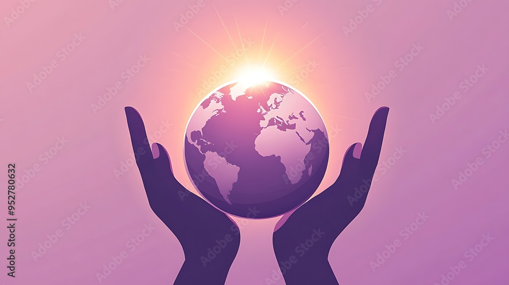 Poster global unity concept: two hands holding earth with rising sun in soft purple background. modern flat