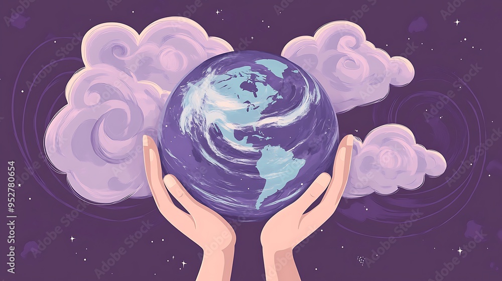 Poster global unity in vector art: hands holding earth with swirling clouds on muted purple background