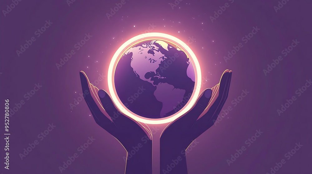 Poster global unity in vector art: two hands holding earth with glowing halo on soft purple background