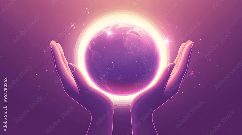 Poster global unity - two hands holding earth with glowing halo on soft purple background in flat vector de