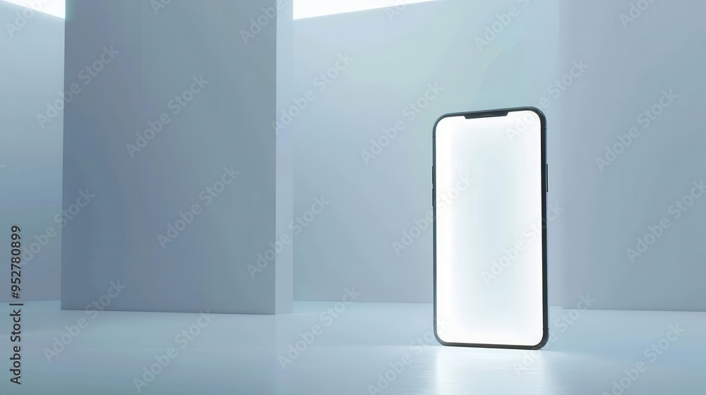 Poster sleek smartphone floating in a minimalist white void screen glowing with potential perfect for showc