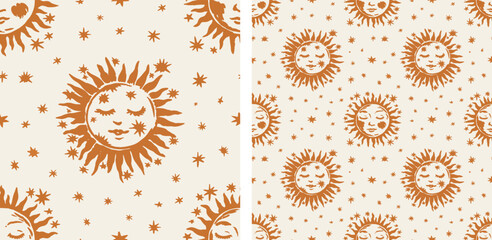 Celestial sun astrology bohemian yellow white seamless pattern vector illustration