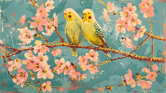 Two yellow parakeets perched on a branch of pink blossoms against a teal background.