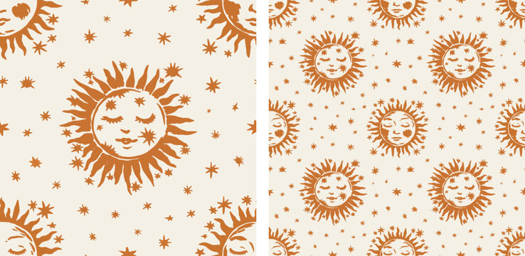 Celestial sun astrology bohemian yellow white seamless pattern vector illustration