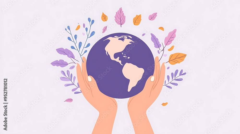 Poster unity in nature - two hands holding earth with falling leaves under purple sky. abstract vector illu