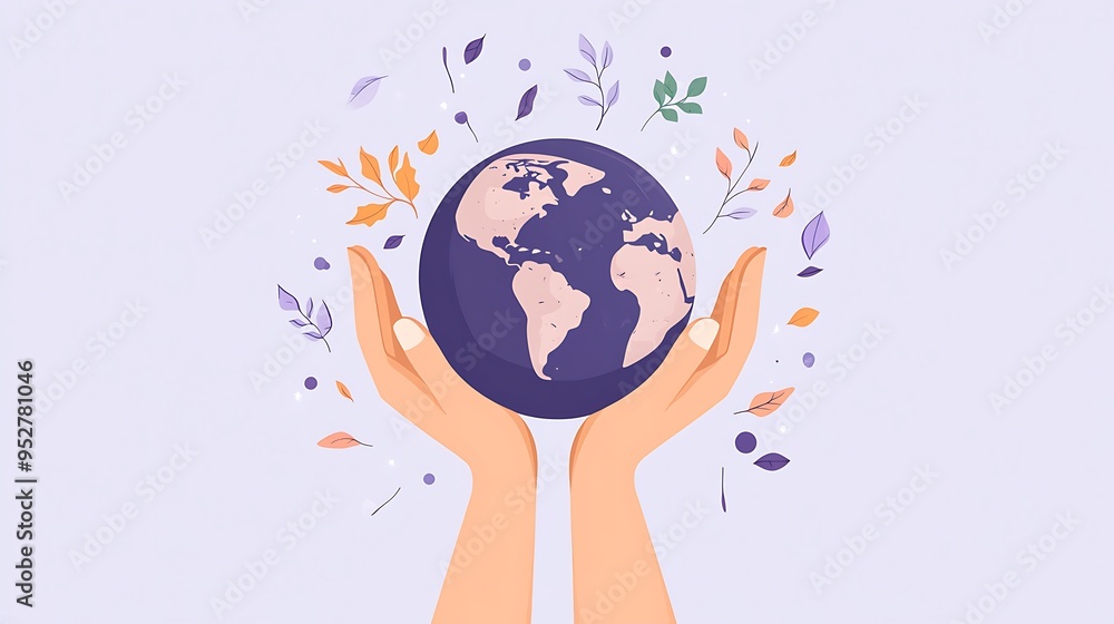 Poster global unity and nature harmony concept in flat design vector - two hands holding earth with falling