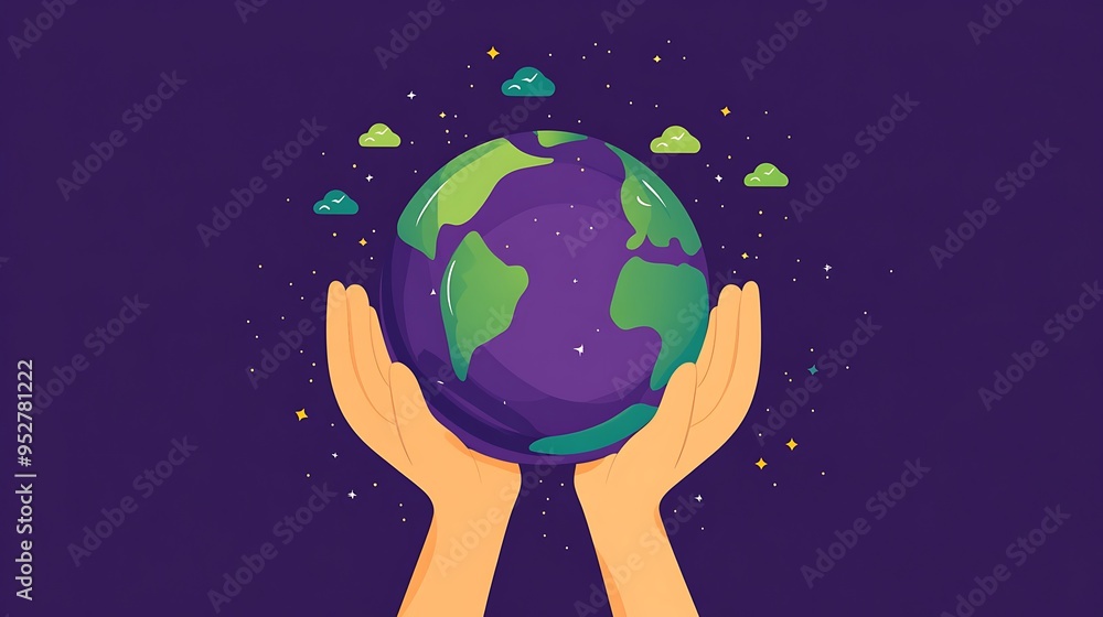 Poster protecting the earth: two hands holding the globe surrounded by floating islands in flat vector desi