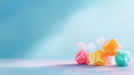 Colorful candies against a soft blue background, perfect for representing sweetness, joy, and festive celebrations.