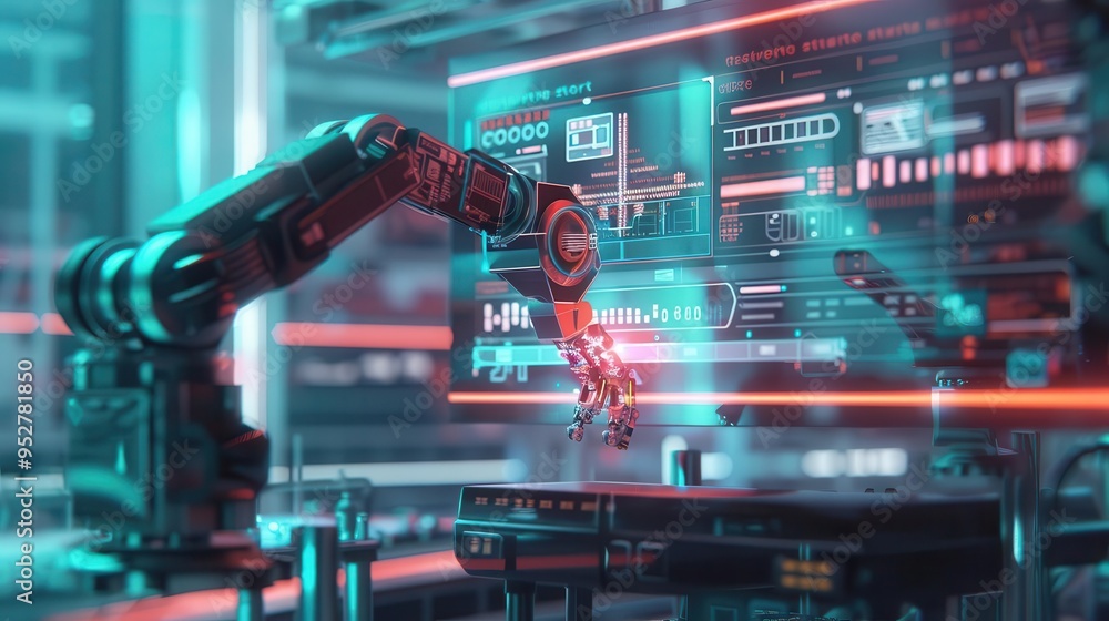 Aufkleber smart robotic arm operating in hightech digital factory surrounded by holographic displays and data 