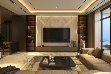 smart home entertainment spacious living room featuring large tv screen in elegant modern interior architectural 3d visualization