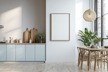 Poster Mockup in Kitchen Interior with White Wall created with Generative AI
