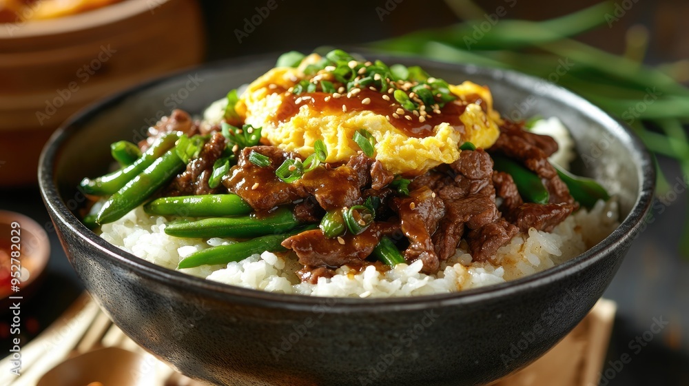 Wall mural asian meal beef rice bowl. generative ai