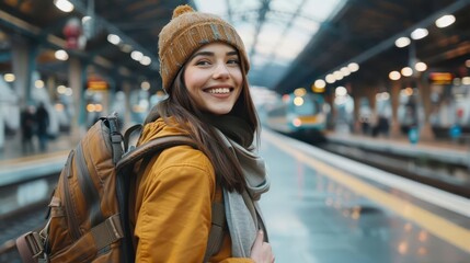 Fototapeta premium smiling young woman with backpack waiting at airport or train station solo travel adventure concept