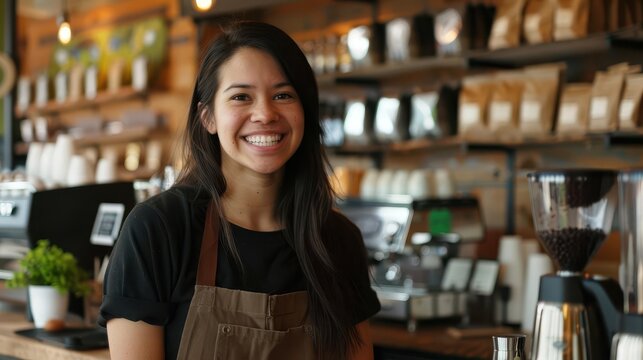 smiling female coffee shop owner serving customers small business success ai generated photo