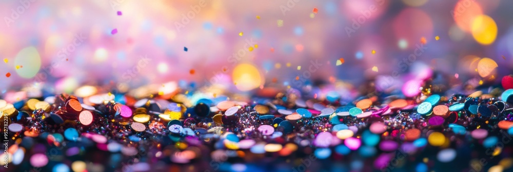 Poster brightly colored confetti sparkles across a shiny surface, creating a dazzling display. the light bo