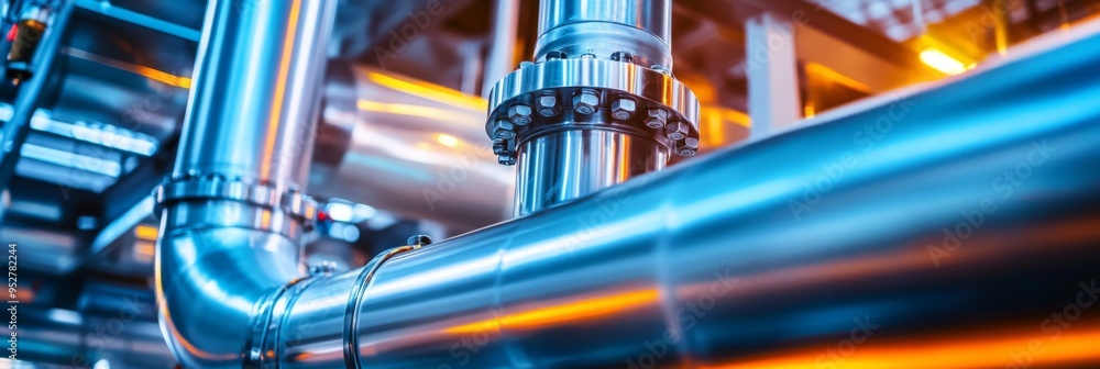 Poster the intricate layout of metallic pipes connects through various angles in a large industrial facilit