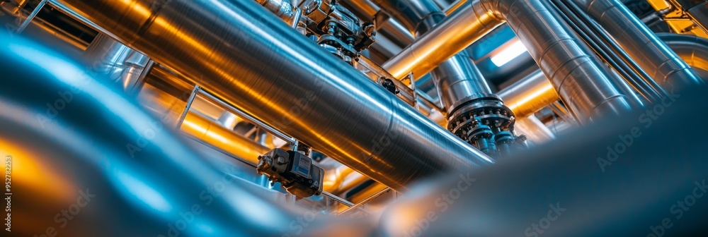 Poster a detailed view captures the complexity of a vast network of interconnected pipes in an industrial s