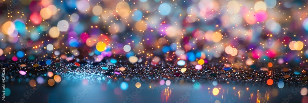 Poster sparkling multicolored confetti is scattered across a shiny surface, creating a mesmerizing effect w