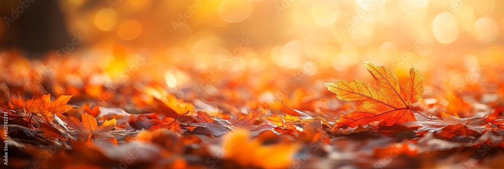 Poster vibrant orange maple leaves scatter across the ground, illuminated by soft sunlight, creating a warm