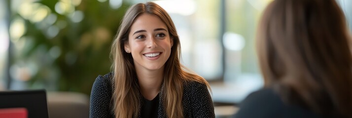 A confident female manager engages with a job applicant during a formal interview in a bright, contemporary office setting that encourages open communication