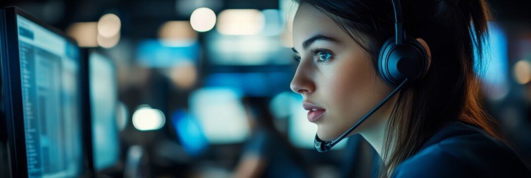 A focused female call center agent engages with clients through her headset, working intently at her computer in a dynamic office setting during business hours
