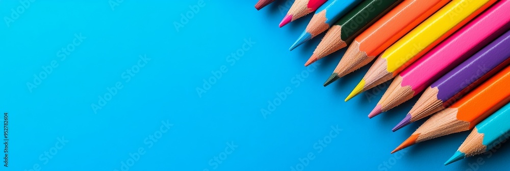 Poster a set of vividly colored sharpened pencils is arranged diagonally, creating a striking visual contra