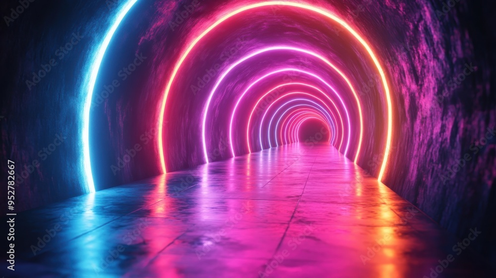 Poster abstract 3d neon background with glowing colorful rounded lines tunnel effect