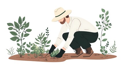 Gardening Man in Illustrative Style Planting Shrubs Outdoors | Vector Graphic of Man Planting in Garden with Hat in Nature Color Scheme