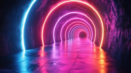 Abstract 3D neon background with glowing colorful rounded lines tunnel effect