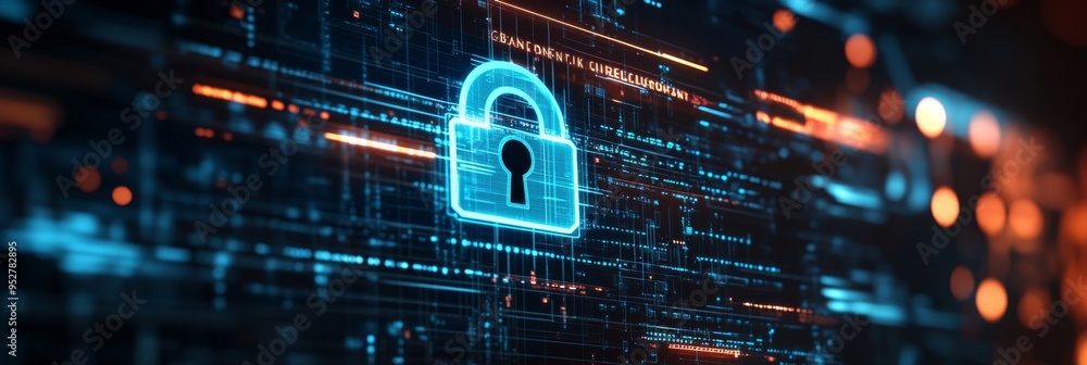 Poster a holographic screen displays intricate cybersecurity metrics, prominently featuring a virtual padlo