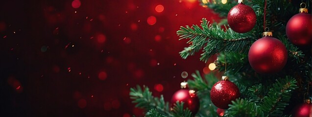 Christmas Tree In Red Shiny Background - Ornaments On Fir Branches With Glittering And Defocused Abstract Lights