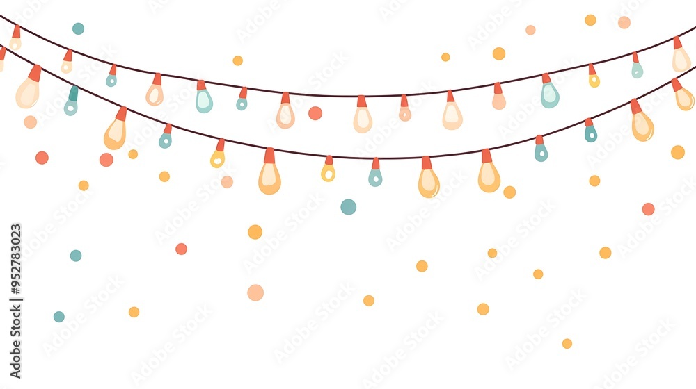 Poster whimsical string lights on white background - charming vector illustration with warm colors and simp