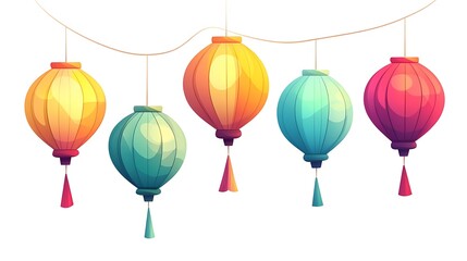 Obraz premium Festive Floating Paper Lanterns Vector Illustration | Whimsical Cartoon Style Decor | Bright Colorful Design on White Background
