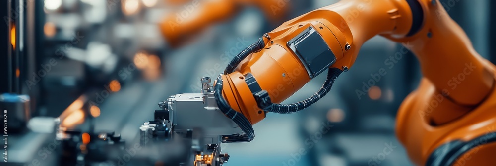 Poster a robotic arm is meticulously assembling automotive components on a busy assembly line in a high-tec