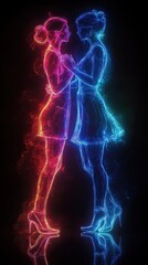Colorful neon illustration depicting two women facing each other and holding hands, representing connection, love, and unity on a dark background.
