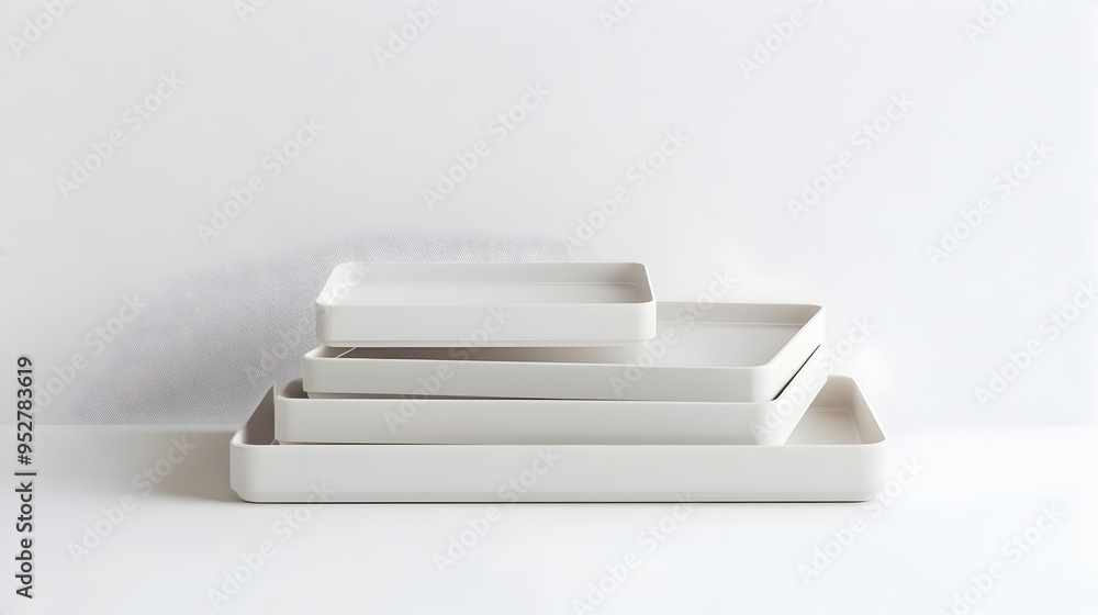 Poster minimalist desktop file trays neatly arranged on plain white backdrop