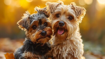 Two Yorkshire Terriers sitting in the autumn leaves, looking at the camera.