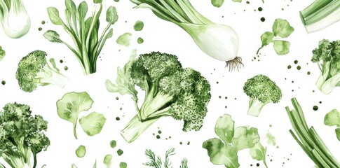 A seamless pattern of watercolor vegetables in various green tones on white background, used for vegan day.