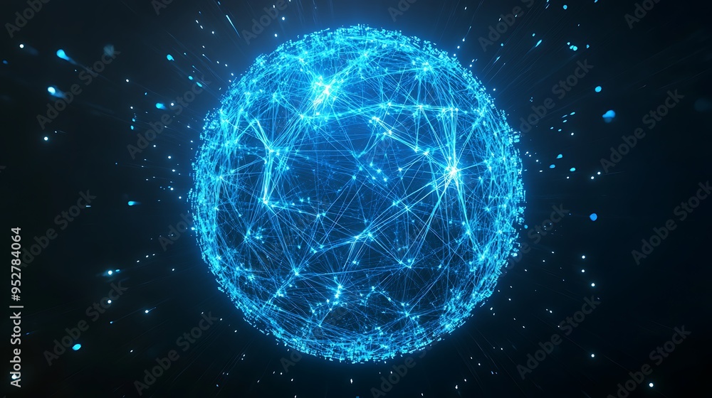 Poster glowing blue sphere with interconnected lines and points