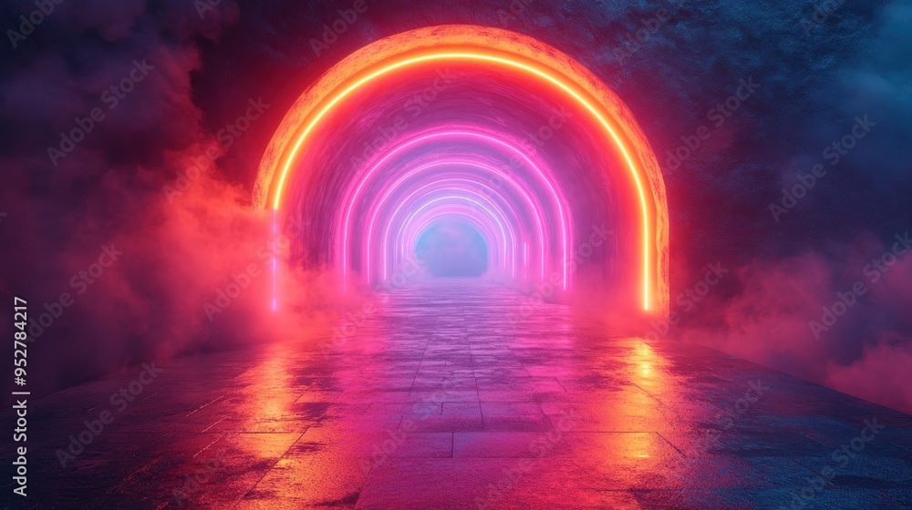 Poster abstract 3d neon background with colorful lines in a square geometric shape.