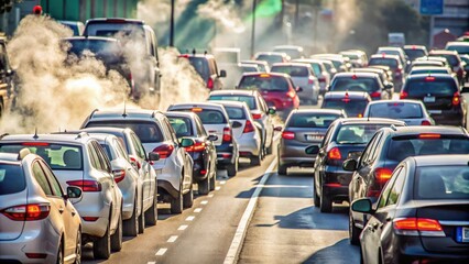 Obraz premium Cars stuck in traffic as exhaust fumes and air pollution fill the air, traffic, cars, exhaust fumes, air pollution, smog