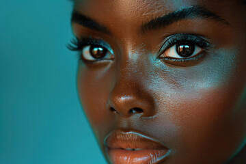 A serene close-up of a woman's face reflecting deep spiritual inner harmony, illuminated by soft blue lighting indoors