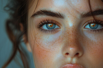 Fototapeta premium A close-up shot of a young woman with striking blue eyes and freckles, embodying spiritual inner harmony during a tranquil moment